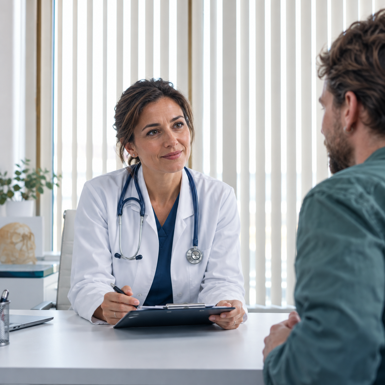 O doctoriță de aproximativ 40 de ani discută cu un pacient. Imagine ilustrativă generată cu AI.